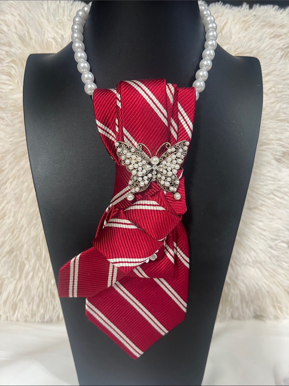 Red Striped Necktie Necklace with Pearl Chain & Butterfly Brooch